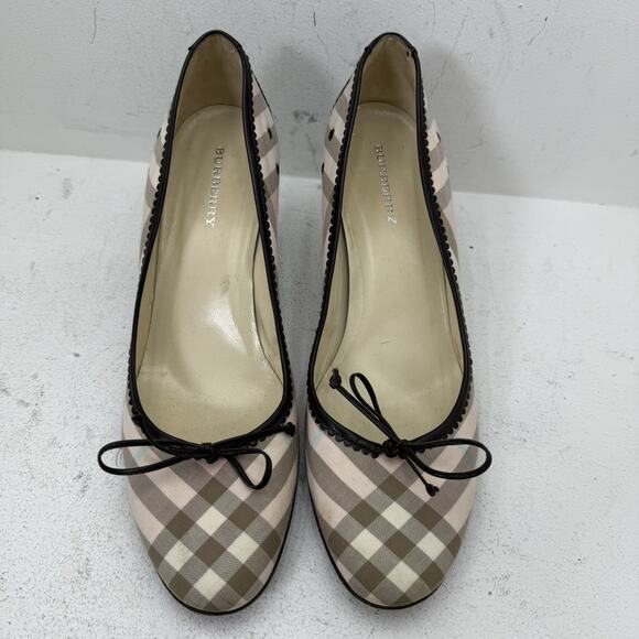 Burberry Nova Check Bow Heels Size 38.5 US 8 Pink Plaid Canvas Pumps Kitten Heel - Picture 5 of 9